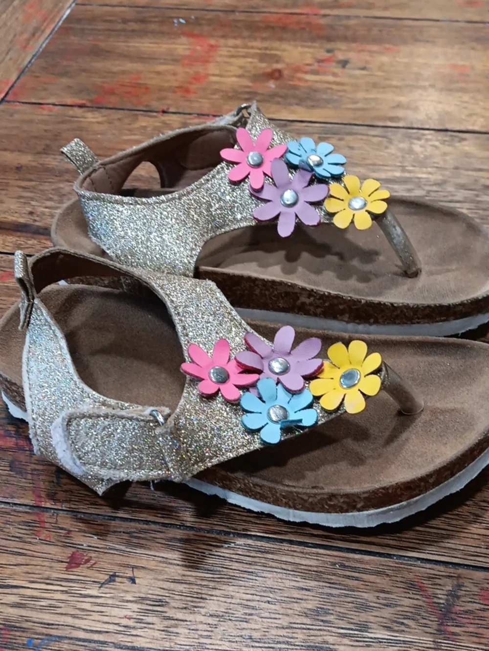 Kids Glitter Gold Flower Thong Sandals with Multicolor Blossoms